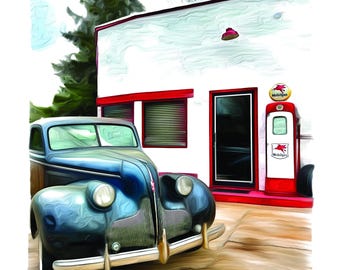 Vintage Gas Station Poster: 1940s Car Art, Retro Americana