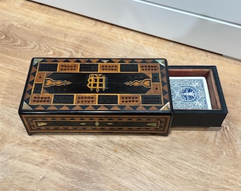 Antique 1892 Handcrafted Victorian Marquetry Cribbage Box With Original Brass Pegs