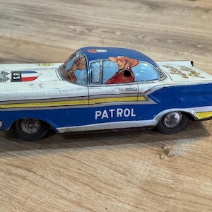 Carro de polícia estadual de lata litográfica Masuya japonês, antigo, da década de 1950, movido a fricção - em bom estado