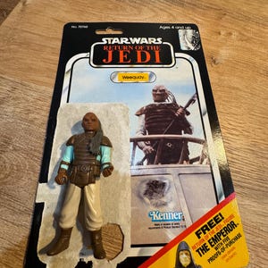 Figurka akcji Kenner Star Wars Return of the Jedi Weequay z 1983 r., w tym karta Weequay i otwarte oryginalne opakowanie – doskonały stan