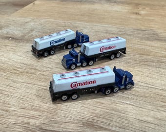Funrise Micro Action Carnation Semi Tanker Trucks 1989 Blue Red Logo Lot Vintage Toys