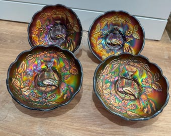 Antique Northwood Peacock Urn Amethyst Carnival Glass Berry Bowls (Set of 4)