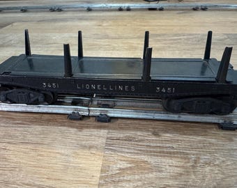 Vagón volquete para troncos Lionel 3451, modelo de tren antiguo de escala O, posguerra (1946-1948).