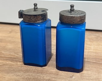 Juego de salero y tarro de mostaza de cristal azul cobalto, vajilla vintage