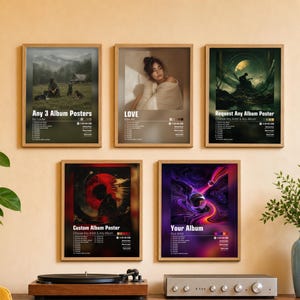 Può includere: Cinque poster rettangolari in cornici di legno, ognuno con un design grafico unico, una tracklist e una barra di riproduzione in stile Spotify. I poster mostrano vari temi artistici, tra cui paesaggi, ritratti e immagini astratte.