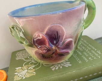Pottery Mug With Pansy Flowers By Lark Roderigues