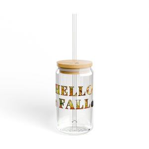 Hello Fall Glass Tumbler | 16oz Autumn-Themed Sipper Glass with Bamboo Lid and Straw | Eco-Friendly Drinkware, Perfect Christmas Gift