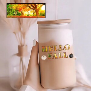 Hello Fall Glass Tumbler | 16oz Autumn-Themed Sipper Glass with Bamboo Lid and Straw | Eco-Friendly Drinkware, Perfect Christmas Gift