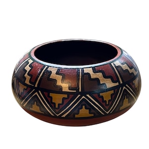 Vintage Jemez Pueblo Pottery from Walatowa, New Mexico, Geometric Designs Hand-Painted & Signed Clay Bowl