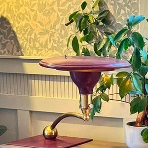 May include: A retro desk lamp featuring a burgundy shade and base, complemented by gold-coloured metal detailing. The lamp has a curved arm and a spherical base. The lamp sits on a burgundy square base. Green plants are in the background.