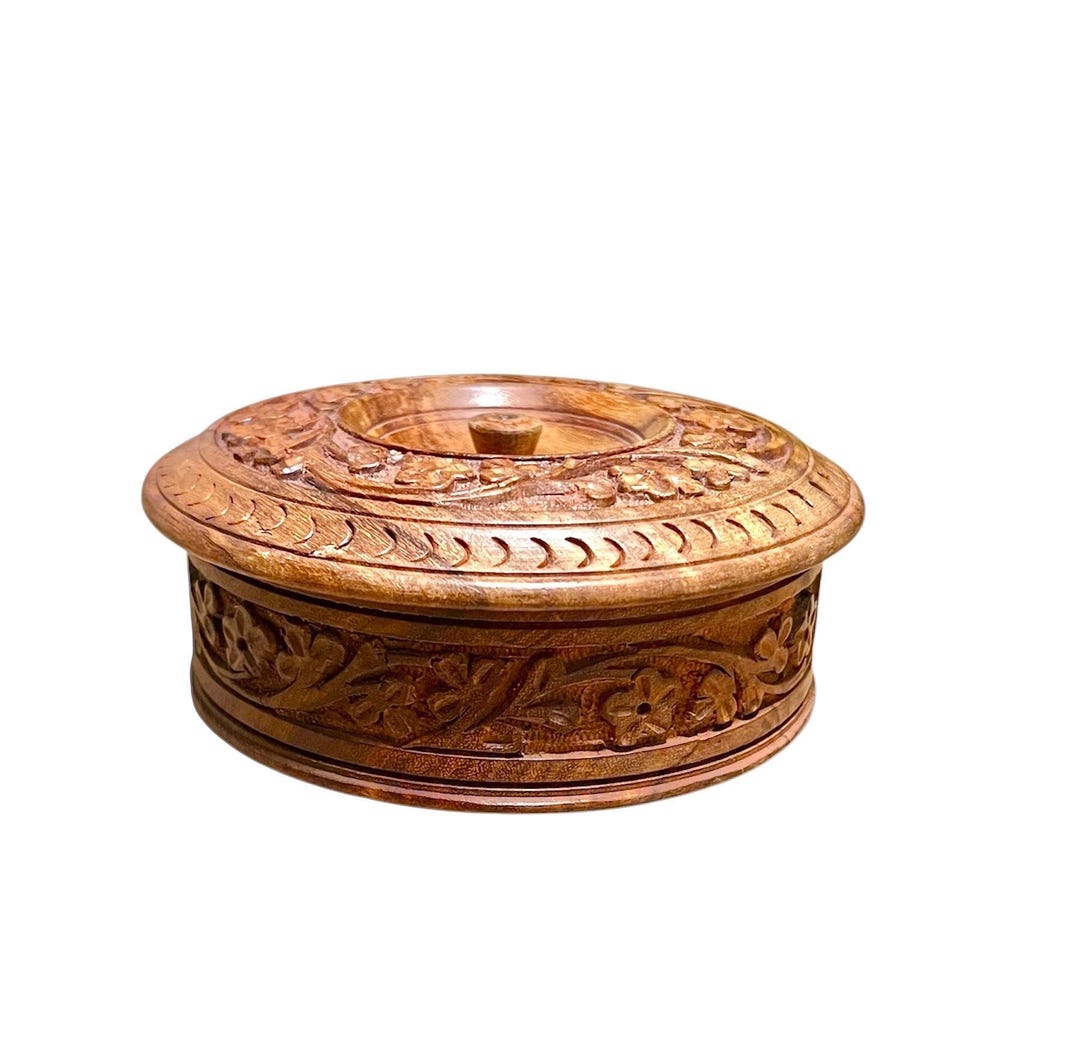 Vintage Handmade Wooden Roti Box Carved Floral Wood Traditional Chapati ...