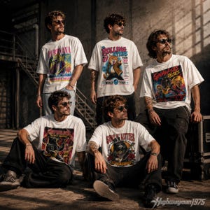 Puede incluir: Cinco camisetas blancas con gráficos temáticos de bandas. Las camisetas presentan diseños para "Purrvana", "Rolling Kittens Tour '89", "Gnawses Roses", "Catallica" y "Guns N' Kitties". Las camisetas son usadas por un grupo de personas con gafas de sol.