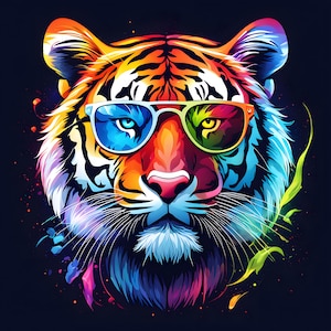 Neon abstract colourful tiger sunglass pop art vector illustration designHigh Quality Ai, JPG