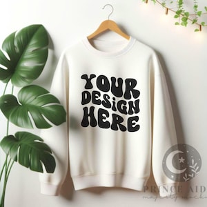 Gildan 18000 White Sweatshirt Mockup, Hanging Gildan Sweater Mock-up, Boho Sweatshirt on Hanger, Crewneck Pullover Mock ups, POD Boho styled