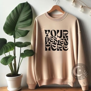 Gildan 18000 Sand Sweatshirt Mockup, Hanging Gildan Sweater Mock-up, Boho Sweatshirt on Hanger, Crewneck Pullover Mock ups, POD Boho styled