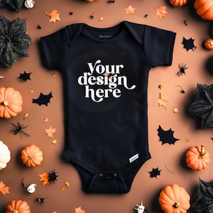 Halloween Baby Onesie Mockup Black, Baby Bodysuit Mock Up, Fall Onesie Mockup, Autumn Pumpkin Patch Mock-up, Gerber Baby Onesie Black Mockup