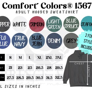 Tabla de colores Comfort Colors 1567, tabla de tallas y colores de sudaderas con capucha para adultos Comfort Colors 1567, guía de tallas y colores para 1567, todos los colores