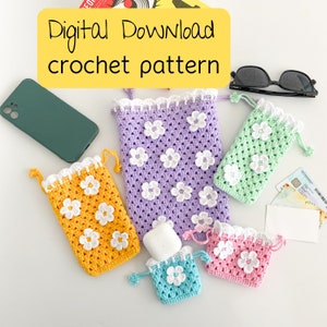 Daisy Crochet Pouch Patterns: Book, Phone, Glasses, Card, AirPods (Digital Download)