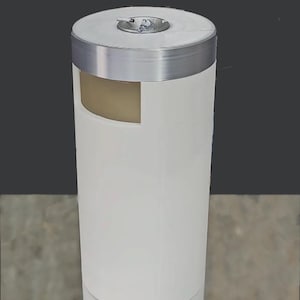 May include: White cylindrical outdoor ashtray with a silver top and a rectangular opening for cigarette disposal.