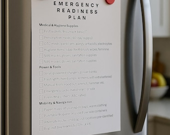 May include: A white paper with an "EMERGENCY READINESS PLAN" is attached to a stainless steel refrigerator with black and red magnets. The plan lists medical, hygiene, power, and mobility supplies for emergency preparedness.