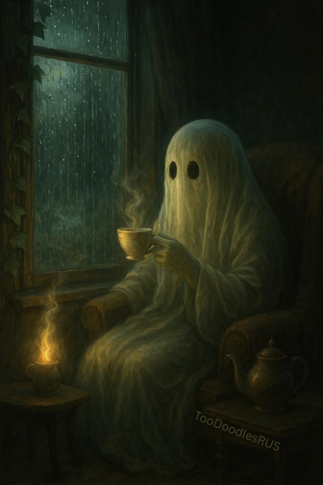 Cozy Ghost With Tea on a Rainy Night – Whimsical Gothic Digital Art ...