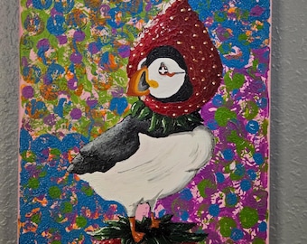 Strawberry Puffin acrylic painting, on canvas, wall art, wall decor, gift