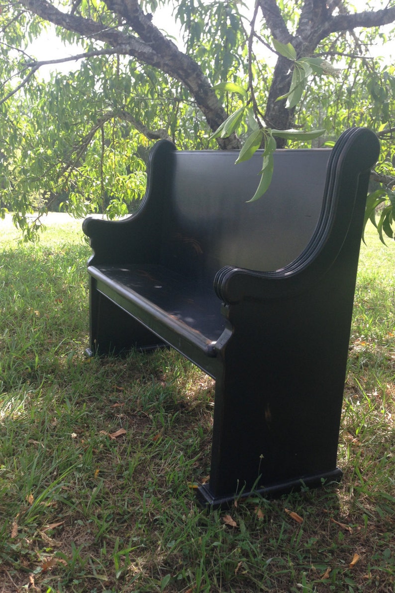 16 deep, . 48 Black Wooden Church Pew shown with plain side panels