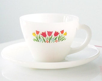 Anchor Hocking Fire King Tulip Milk Glass Cup and Saucer (Excellent Condition)
