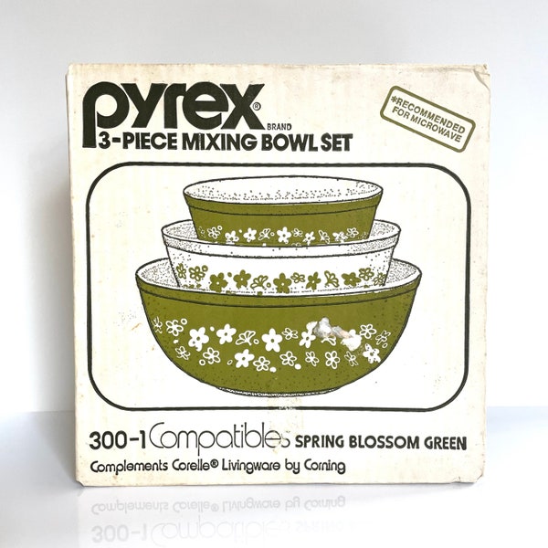 NOS Sealed Box Pyrex Compatibles Spring Blossom Green Set of Three Mixing Bowls, Crazy Daisy