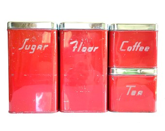 Canette Red Coffee, Tea, Flour and Sugar Rectangular Kitchen Canisters