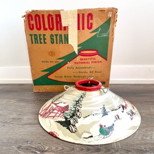 Vintage Poloron Coloramic Metal Christmas Tree Stand, Model 398, Christmas Scene, Barn, Sleighride, Winter Landscape image 2