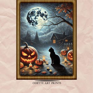 Black Cat with Pumpkins Wall Art, Halloween Painting, Autumn Background, Printable Digital Art Download
