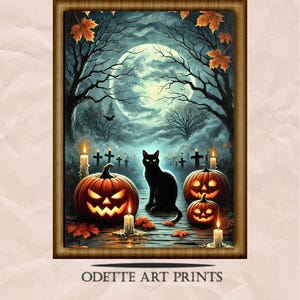 Black Cat with Pumpkins, Full Moon, Halloween Painting, Printable Digital Art Download