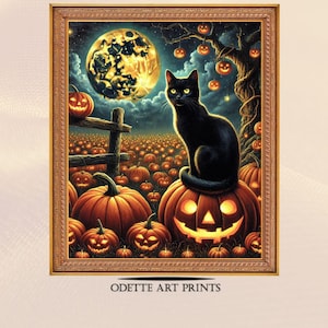 Black Cat with Pumpkins Wall Art, Halloween Scene, Autumn Night, Full Moon, Oil Painting, Printable Digital Art Download