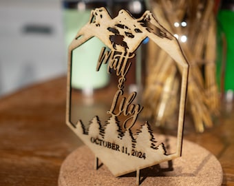 Custom Birch Wood Wedding Cake Topper – Canmore Three Sisters Mountains
