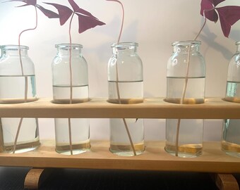 Modern Wooden Flower centrepiece with 5 Glass Containers | Minimalist Floral Display for Home Decor