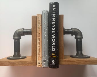 Oak & Gas Pipes Bookends | Industrial Wooden Book Ends | Handmade Oak Bookend Set