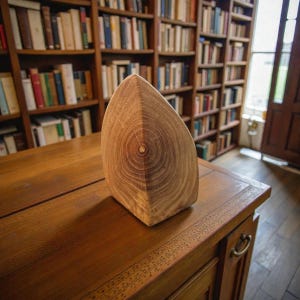 May include: A wooden bookend, triangular in shape, with a natural wood grain pattern. The bookend has a flat base and a rounded top. The wood is light brown in colour and sits on a wooden table. Bookshelves filled with books are in the background.