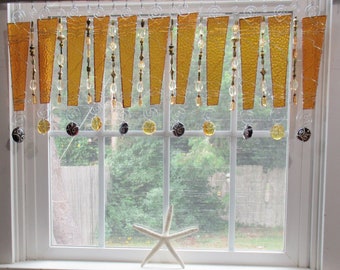 Beaded Amber Warm Tones Stained Glass Window Treatment Kitchen Valance Curtain, Stained Glass Curtain, Stained Glass Valance