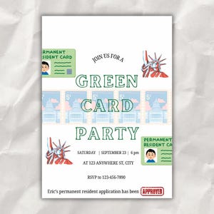 Green Card Party Einladung Vorlage, anpassbare US Permanent Resident Party, digitaler Download