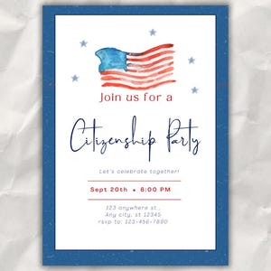 Citizenship Party Invitation Template • USA Naturalization Celebration • Red White Blue Invite • Editable Digital Download • Printable PDF