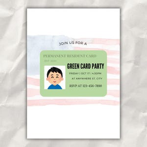 Green Card-uitnodiging voor feest, permanente inwoner van de VS, aanpasbare uitnodiging voor Amerikaanse groene kaart, digitale download