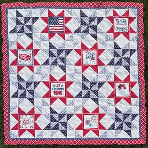 Op de afbeelding: Een rood, wit en blauw patriottisch sprei. Het heeft sterpatronen, een Amerikaanse vlag en vierkanten met patriottische zinnen. De rand is een rood-wit geblokt patroon. Het ontwerp doet denken aan de Amerikaanse vlag.
