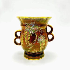 1950-talets Crown Devon vas med dubbla handtag – Wisteria Garden Förgylld blomkeramik | Stugdekor