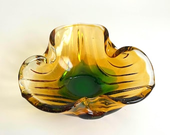Vintage Murano Glass Ashtray: Gold Green Aventurine, 1970s Venetian Art Glass Bowl