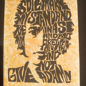 May include: A black and white silhouette of a person's head with the words "So I Make My Stand And Bid Farewell And Not Again" written inside the silhouette. The background is a yellow floral pattern.