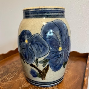 Handmade Studio Pottery Stoneware Vase with Blue Flowers Artist Signed