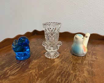 A Trio of Vintage Birds, Signed Blue Glass Bird of Happiness, 1960s Ceramic Bird Whistle, Pressed Glass Bird Toothpick Holder/Small Vase