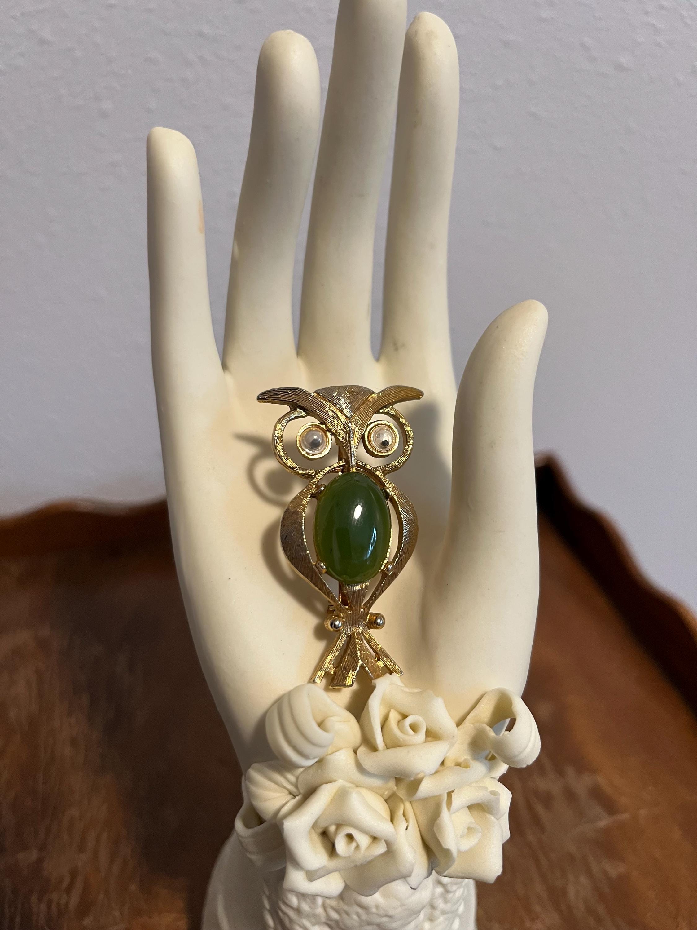 Crystal Rhinestone Perched Owl Brooch Pin - Cute Green Eyed Owl, Gift Bag Included (Beige)