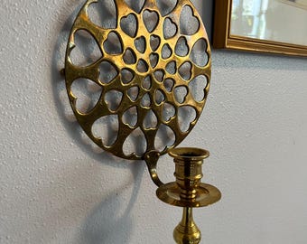 Vintage Brass Candlestick Holder Wall Sconce with Punched Hearts Design